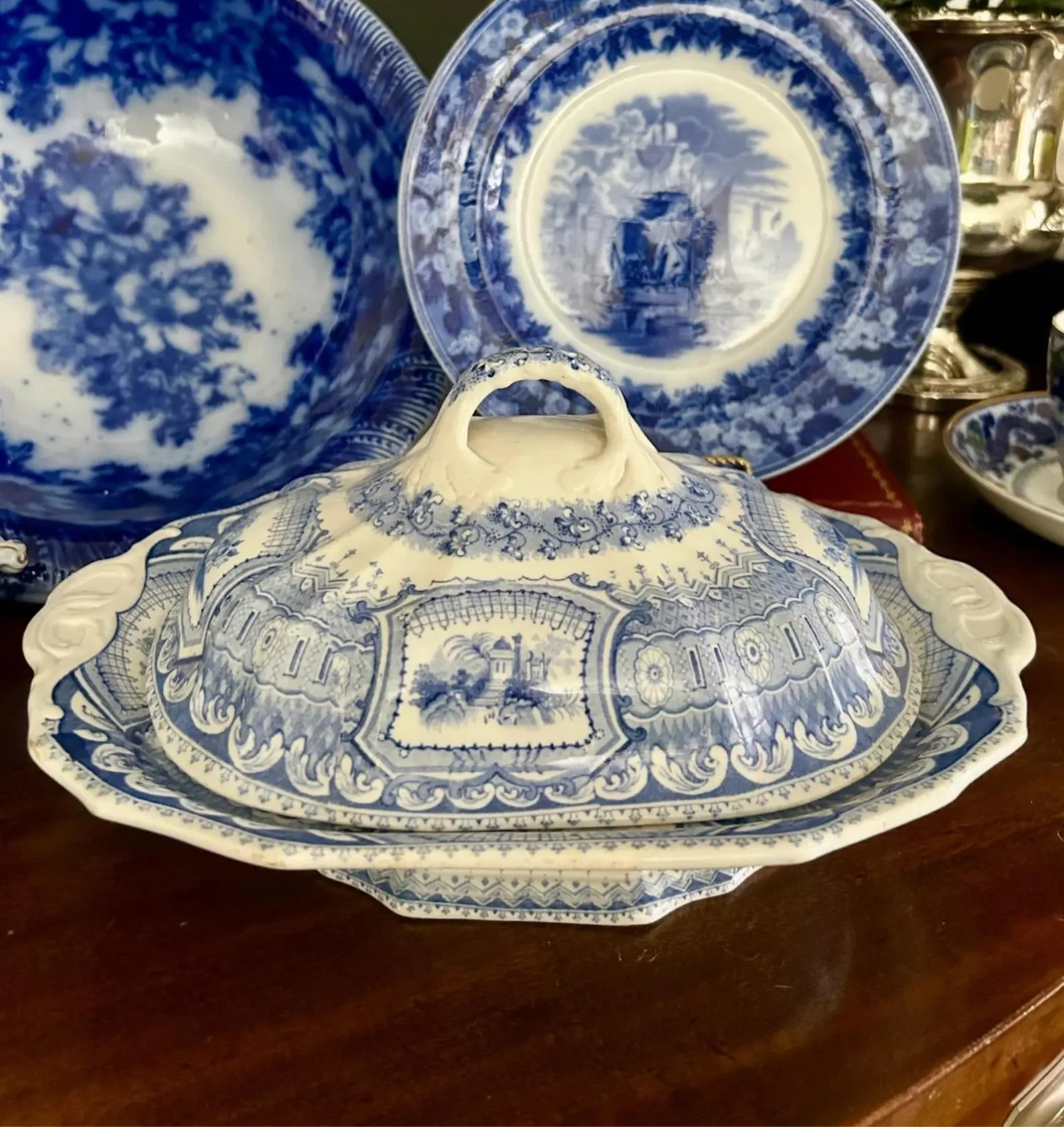 Antique Wood & Challinor Transferware Covered Dish