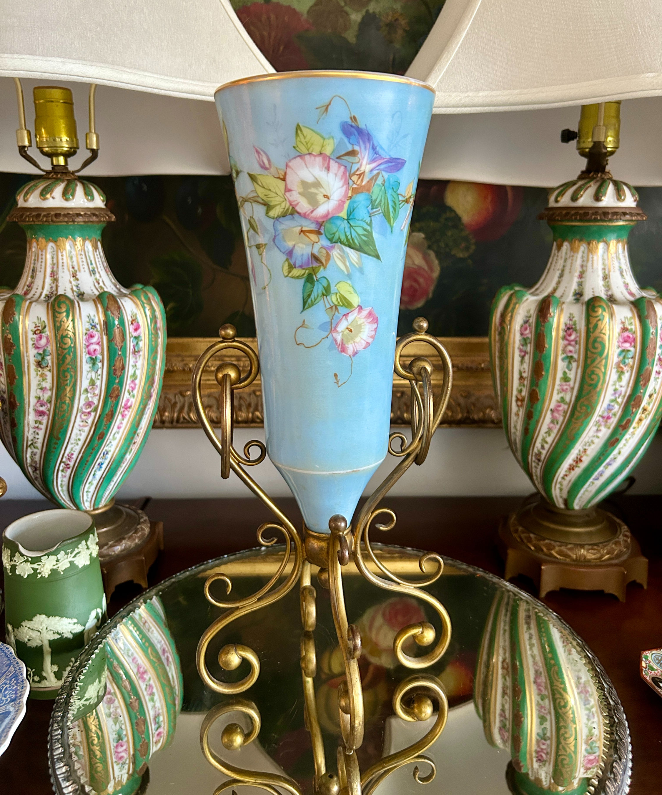 Antique Decorative Floral Blue Glass Vase on Gilt Metal Stand