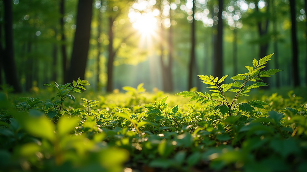 Eye-level view of a lush green forest with sunlight filtering through the leaves