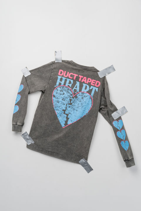 grey duct taped heart sweatshirt laid flat with tape and hearts for Otto by Kris
