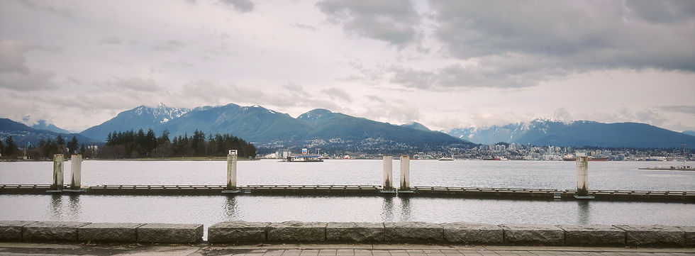 Panoramic view of Coal Harbour with boats, city skyline, and soft evening light.