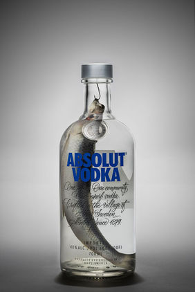Absolut Vodka bottle with a fish inside, photographed against a neutral gray background. The fish appears to be floating within the clear liquid, creating a surreal and artistic visual effect.
