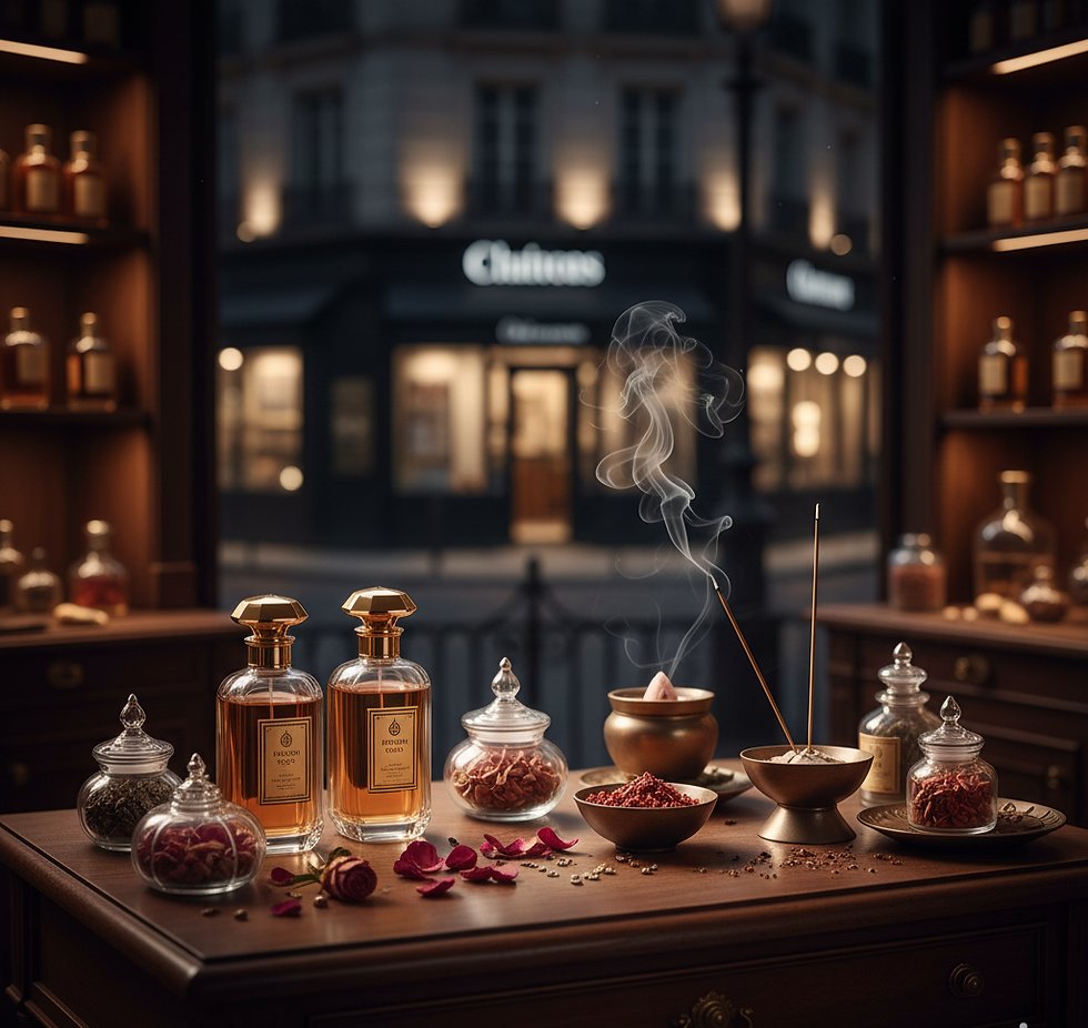 ngrédients naturels de parfumerie de niche sur une table en bois précieux.