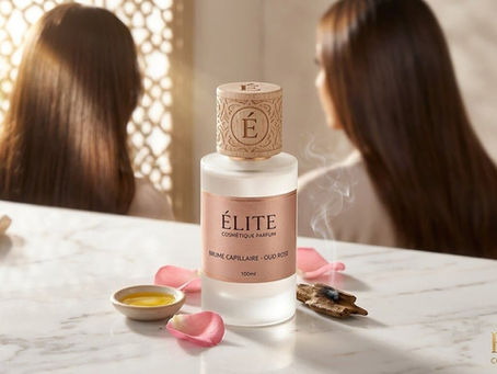 👉 Flacon de Brume Capillaire Oud Rose Élite Cosmétique, Soin Cheveux Parfumé Luxe de Dubaï, Huile d'Argan et Pétales de Rose