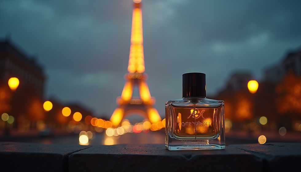 Vue rapprochée d’un flacon de parfum doré devant la Tour Eiffel illuminée