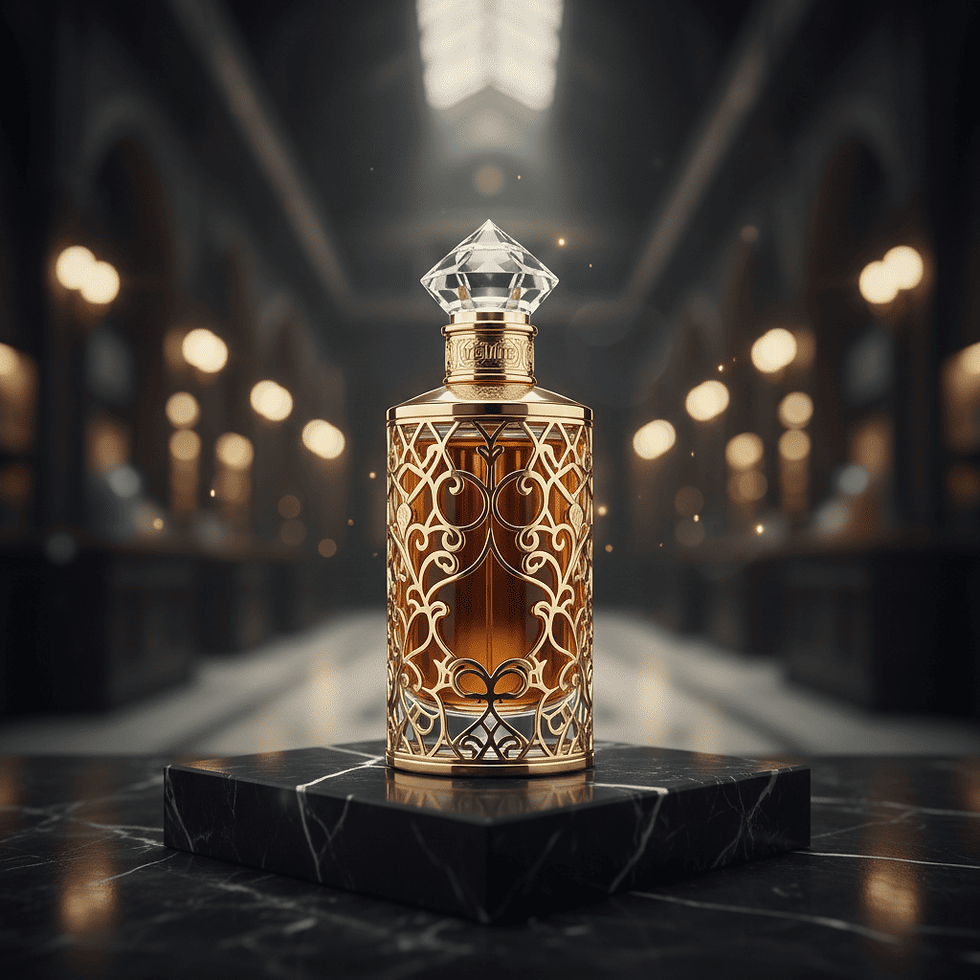 Flacon de parfum de luxe oriental avec des reflets dorés