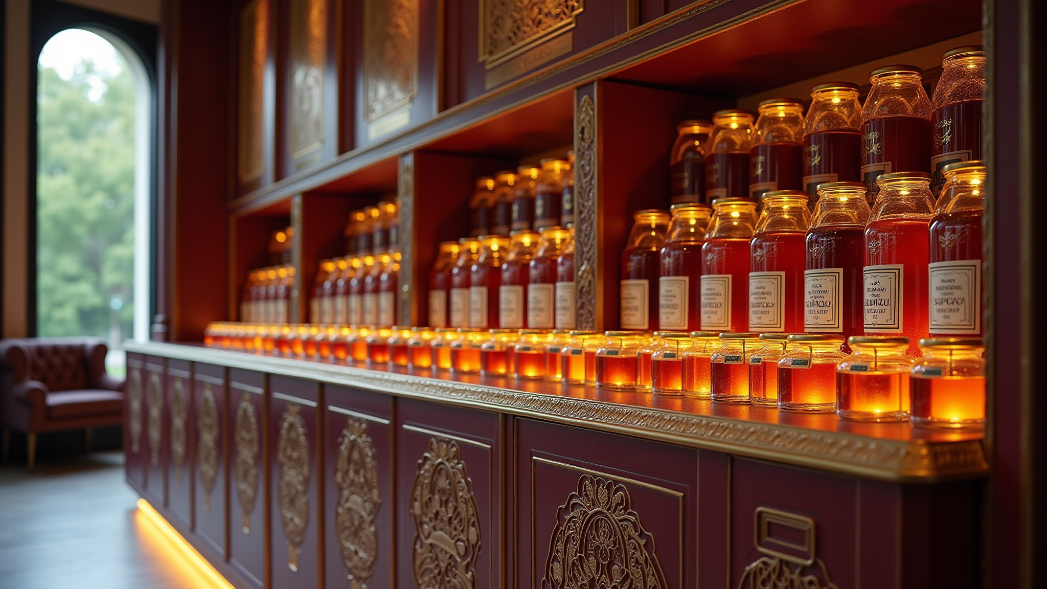 Bouteilles de parfum de luxe solidaire, étagères dorées illuminées avec élégance.