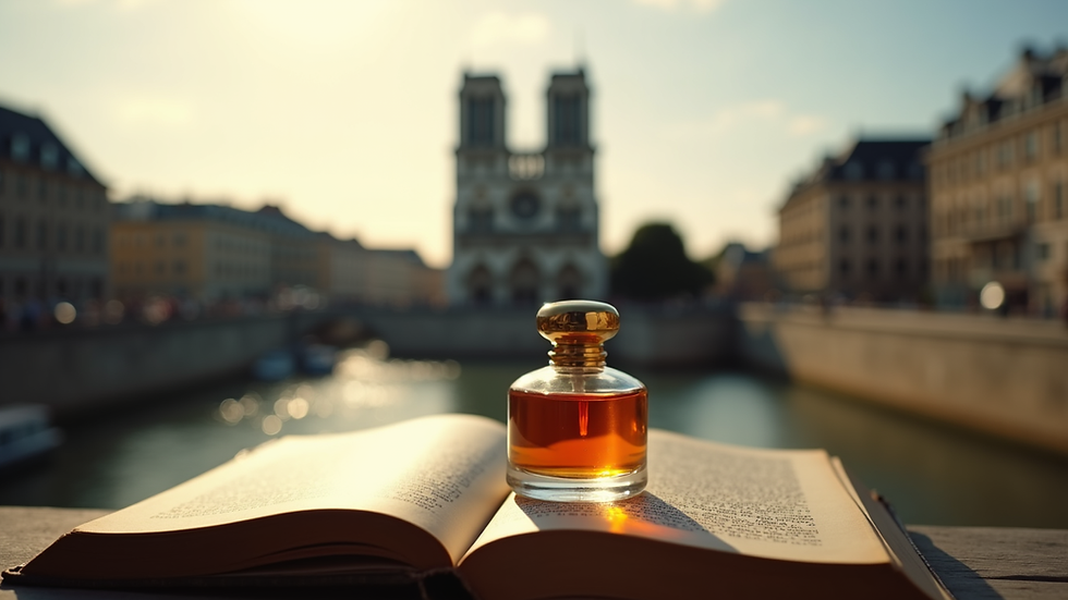 Vue en plongée d’un flacon de parfum posé sur un livre ancien avec la silhouette de Notre-Dame en arrière-plan
