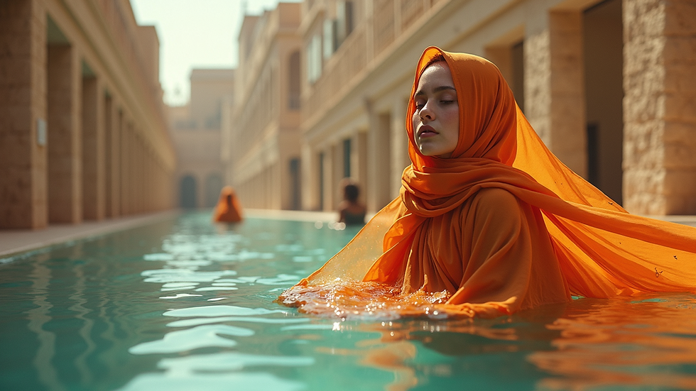 Vue en plongée d'étals colorés dans un souk avec différentes abayas exposées