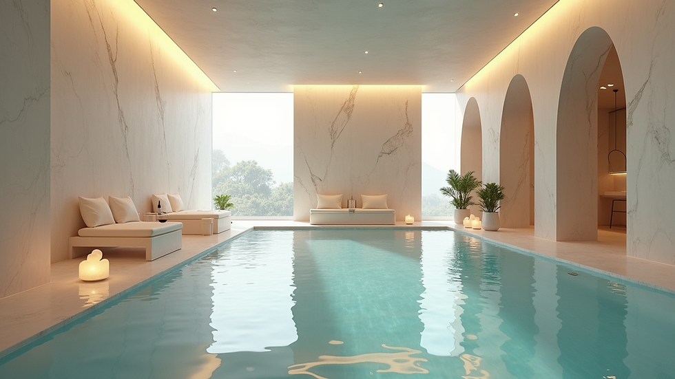 Vue d’ensemble d’un spa en marbre avec ambiance zen