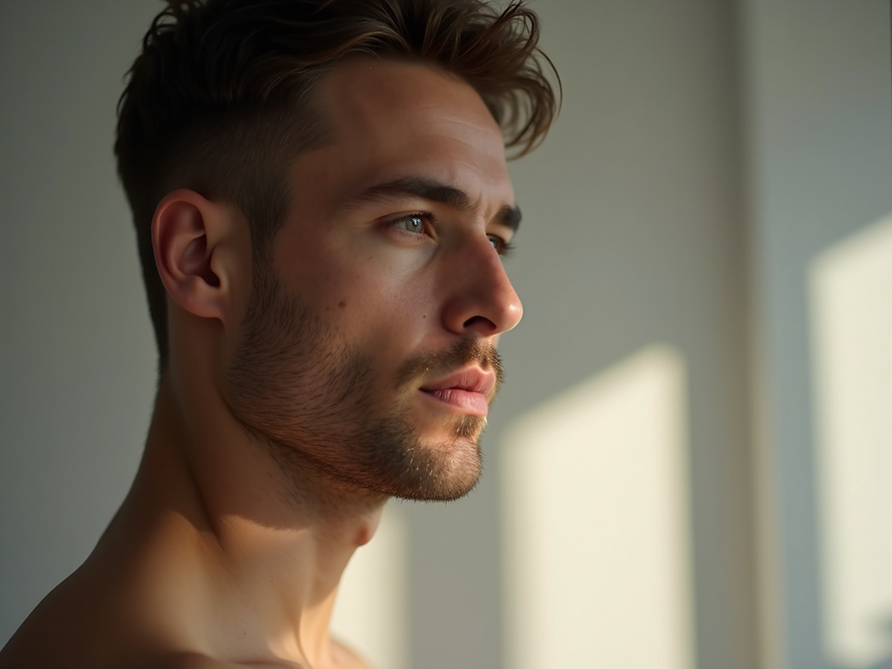 Side profile of a man with short hair and a beard in soft lighting, gazing thoughtfully. Background shows a wall with light patterns.