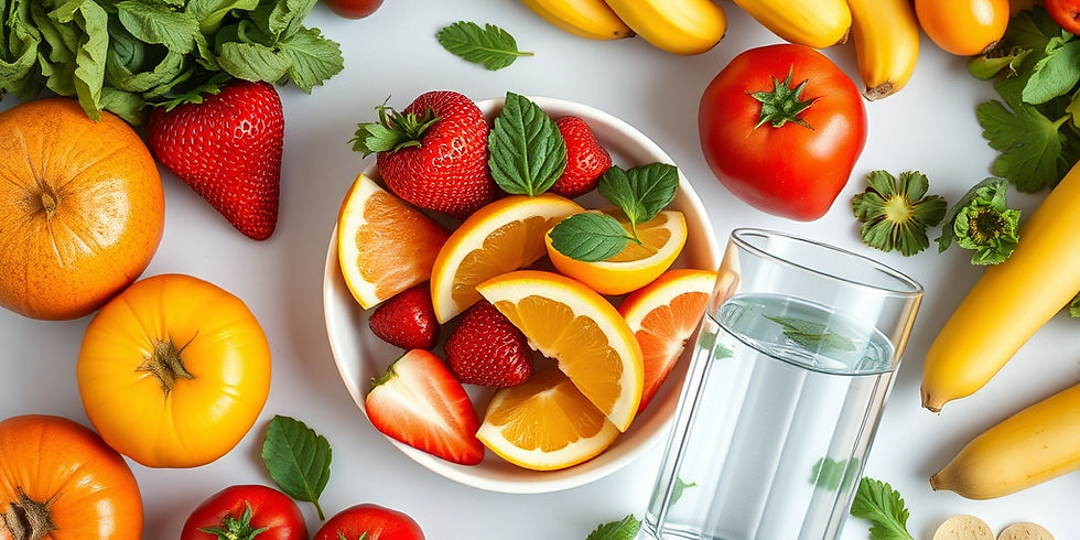 A variety of fruits including strawberries, oranges, bananas, and tomatoes surround a glass of water on a white background, conveying freshness.