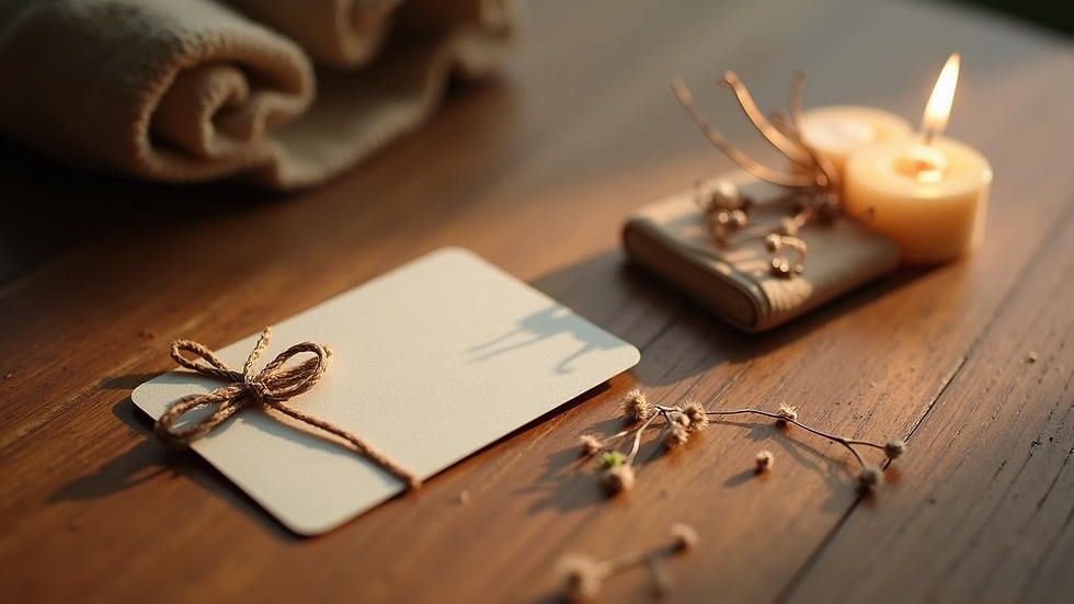 High angle view of a gift card and a spa voucher on a wooden table