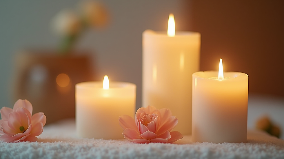 Close-up view of a luxurious facial treatment setup with candles and skincare products