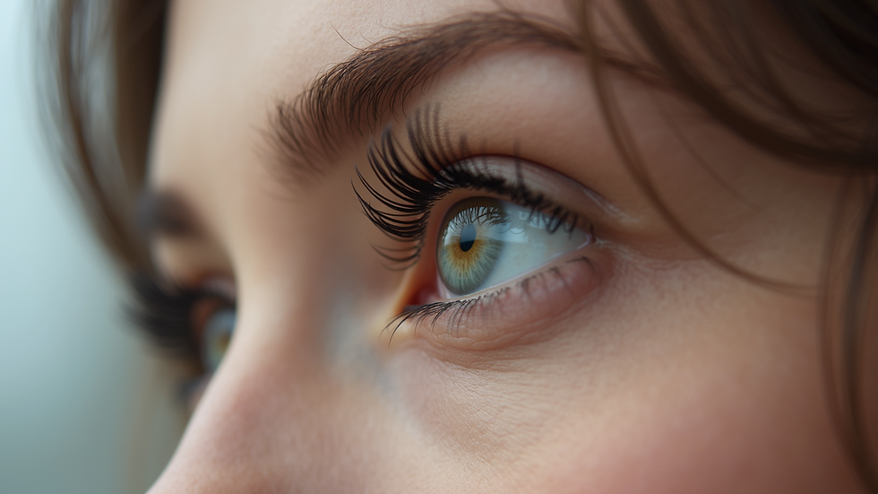 Close-up view of a single eye with natural curled lashes after lash lift