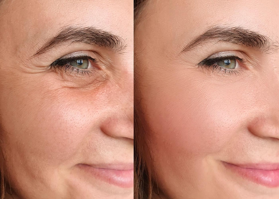 Close-up of a woman's face showing a before-and-after comparison. Left side shows wrinkles, right side appears smooth and youthful.