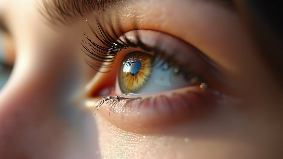Close-up of a human eye with long eyelashes reflecting a bright, colorful scene. Background is blurred, highlighting the vibrant iris.