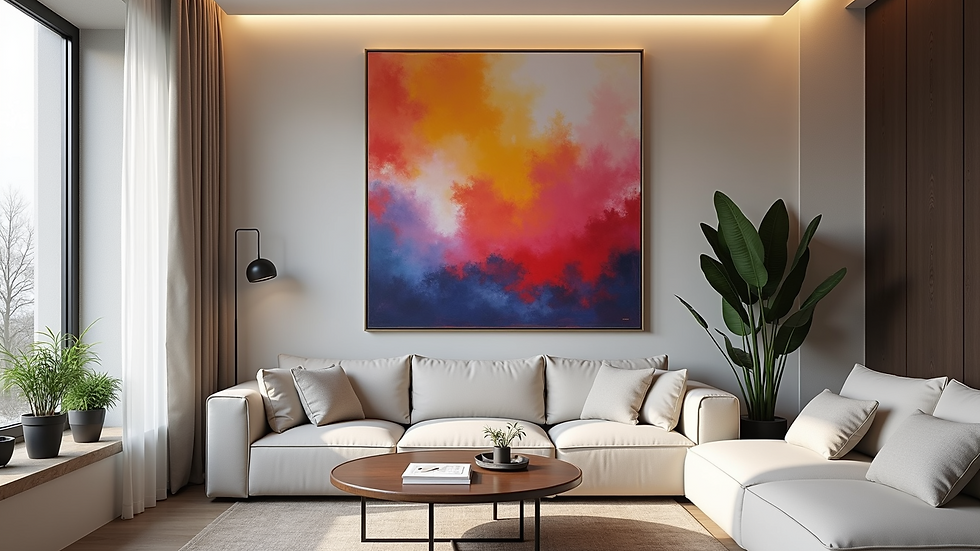 Eye-level view of a vibrant abstract painting displayed in a modern living room