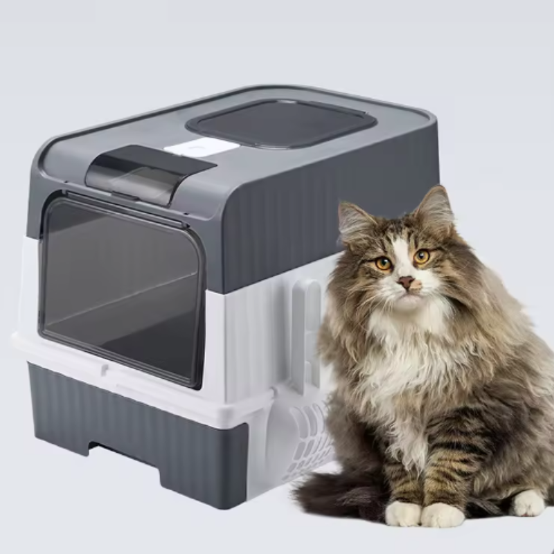Cat Litter Box with Scoop, Large Foldable Litter Box with Lid, Front Entry Top E