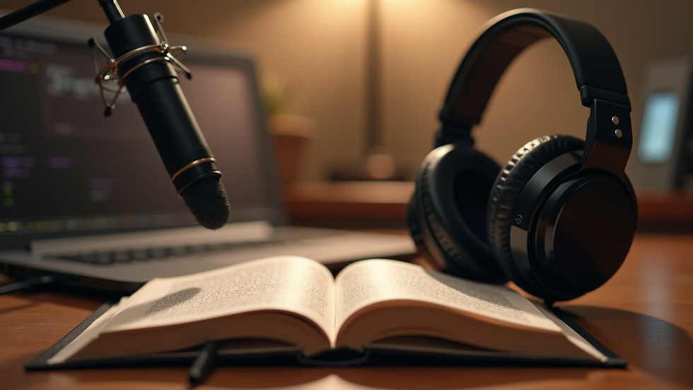 Eye-level view of a microphone and headphones set up for recording an audiobook