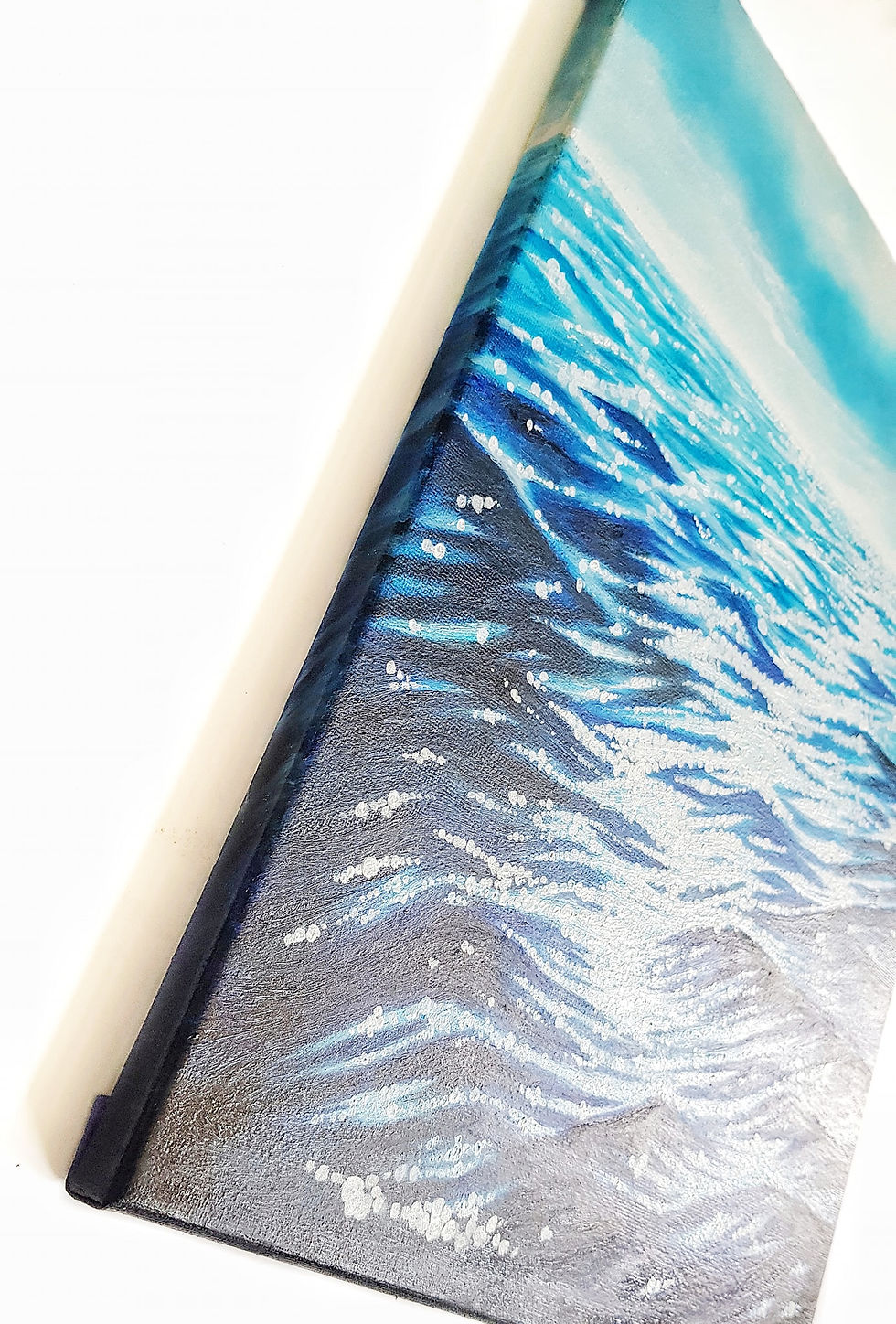 Thumbnail: "Sparkling Waves" is an oil painting on canvas that depicts the dynamic movement of waves under a bright blue sky. The oil medium enhances the texture of the water, making the waves appear vibrant and sparkling as they catch the light. The clear blue sky adds a sense of openness and serenity, creating a peaceful yet lively seascape. The painting captures the natural beauty and energy of the ocean, evoking a sense of calm and awe.