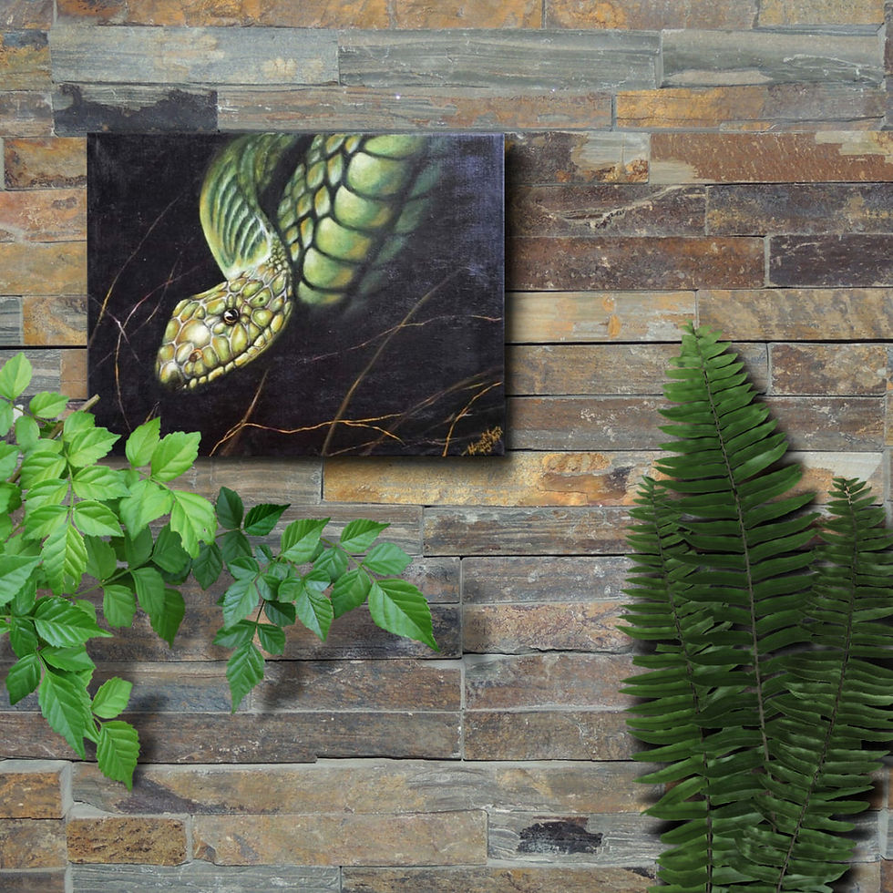 Thumbnail: "Reptile Snake" is an original oil painting on canvas that features a striking green snake set against a bold black background. The vivid green tones of the snake stand out sharply, creating a sense of contrast and drama. The oil medium enhances the texture and details of the snake's scales, giving it a lifelike appearance. The dark background amplifies the snake's presence, making it the focal point of the composition and evoking a sense of mystery and intensity.