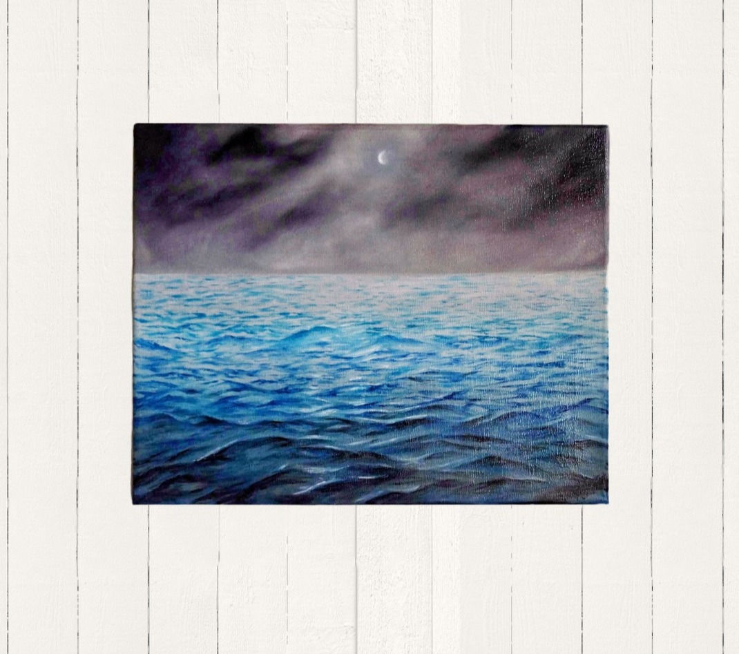 "Ocean Contrast" is a serene oil painting on canvas that contrasts a dark, moonlit sky with calm ocean waves. The moon's reflection gently shimmers on the water, creating a peaceful, reflective atmosphere. The smooth, tranquil waves enhance the sense of calm, while the dark sky adds depth and mystery. The oil medium enriches the scene with texture and subtle lighting, evoking a tranquil moment of stillness in nature.