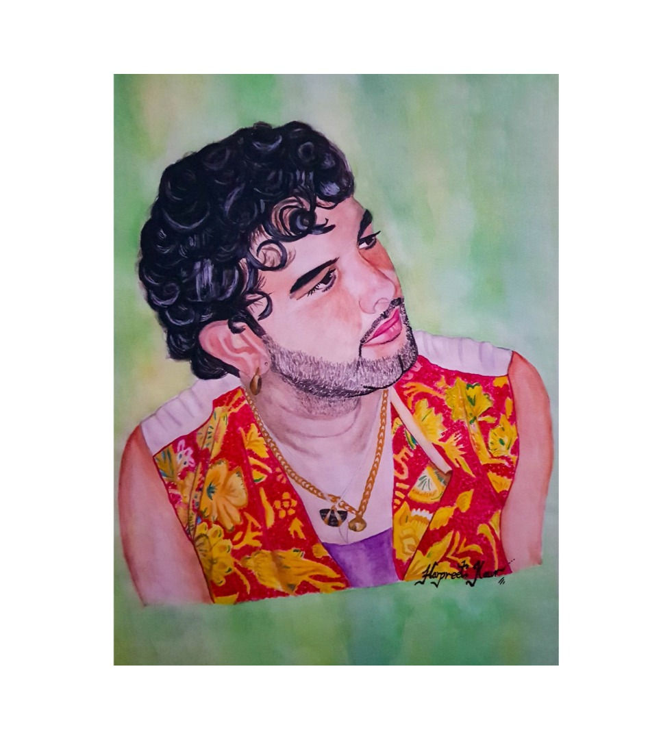 An "A3 watercolor portrait of Gulam Jugni" captures the likeness of the artist using soft, flowing watercolor techniques. The portrait highlights Gulam Jugni's features with intricate detail and emotional depth, reflecting his personality and musical legacy. The watercolor medium adds a vibrant, yet subtle quality, enhancing the overall warmth and expressiveness of the piece. The A3 size allows for a dynamic and respectful tribute to his contributions to music and culture.