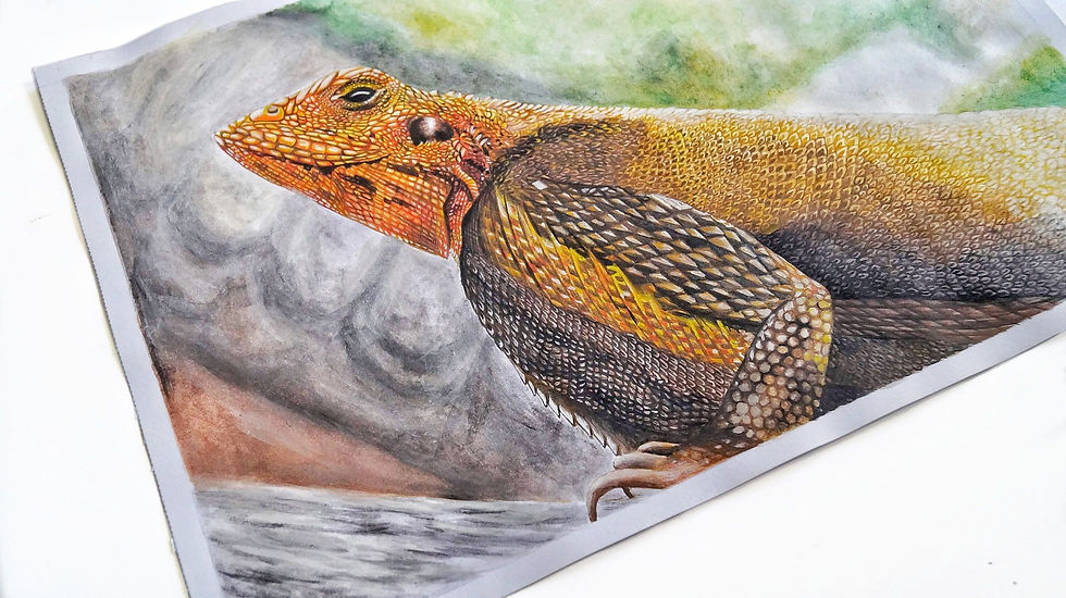 "Iguana" is an original watercolor painting on A3 paper, showcasing the detailed features of a reptile with textured skin. The artist captures the beauty and intricacy of the iguana, emphasizing its unique patterns and vibrant colors. The use of watercolor brings out the delicate textures of its skin, making the creature appear lifelike and captivating. The painting comes unframed, offering a direct, intimate view of this beautiful and fascinating creature.