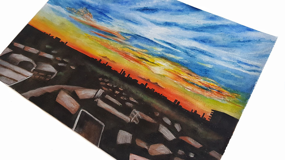 Thumbnail: "Evening Cityscape" is a watercolor and acrylic painting on paper that captures the vibrant colors of an evening sky, with shades of orange, yellow, and red blending into one another. The warm hues of the sky contrast beautifully with the brown silhouette of the city buildings. The combination of watercolor and acrylic mediums creates a rich, textured effect, bringing depth to both the sky and the urban landscape. The painting evokes a sense of calm and beauty as the city transitions into evening.