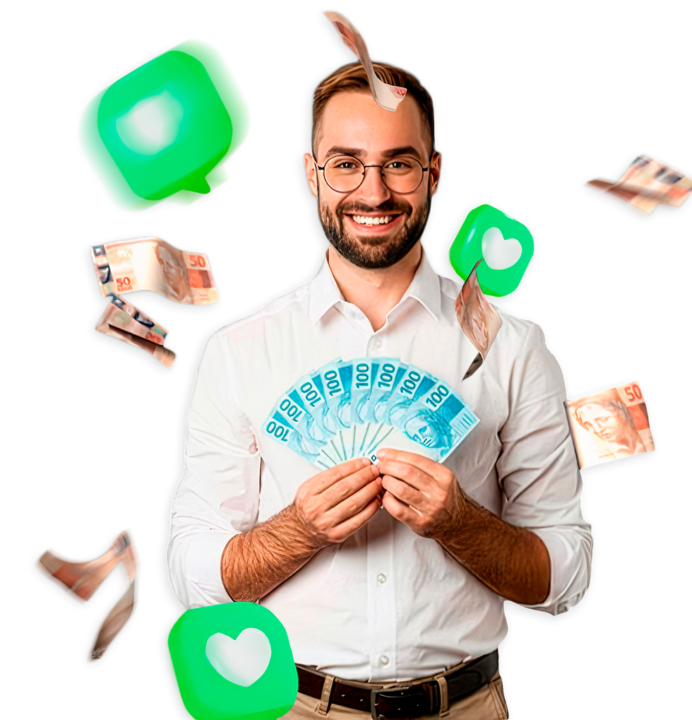 Homem feliz segurando várias cédulas de dinheiro, emojis de coração verde e dinheiro ao redor.