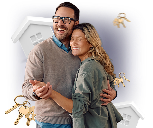 Casal feliz segurando chave de casa com elementos de venda de imóveis ao fundo, simbolizando as vantagens da Via Aluguel