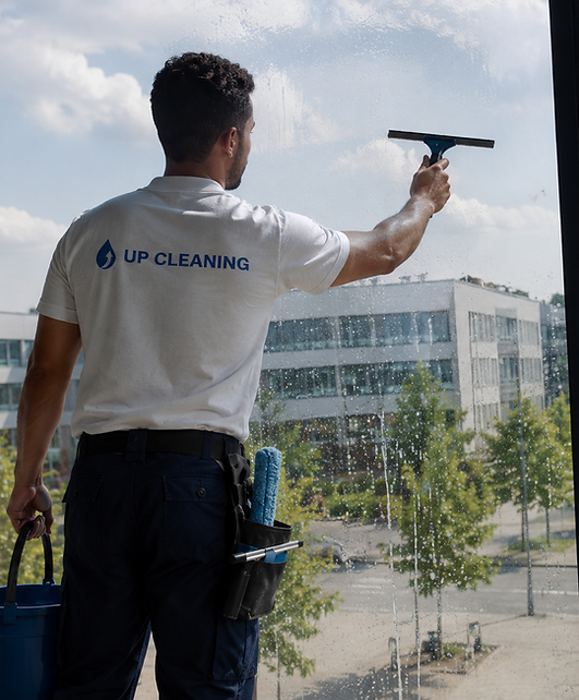 Person cleaning windows in an office building