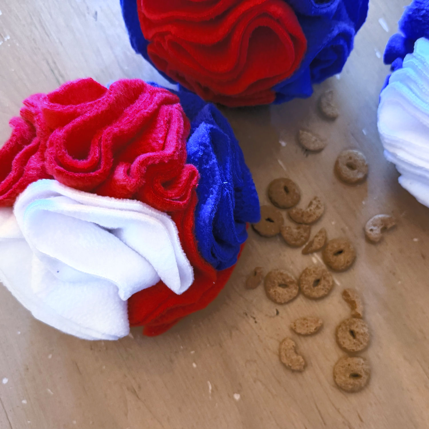 red, white and blue snuffle ball for small dogs handmade by Little Barks Boutique