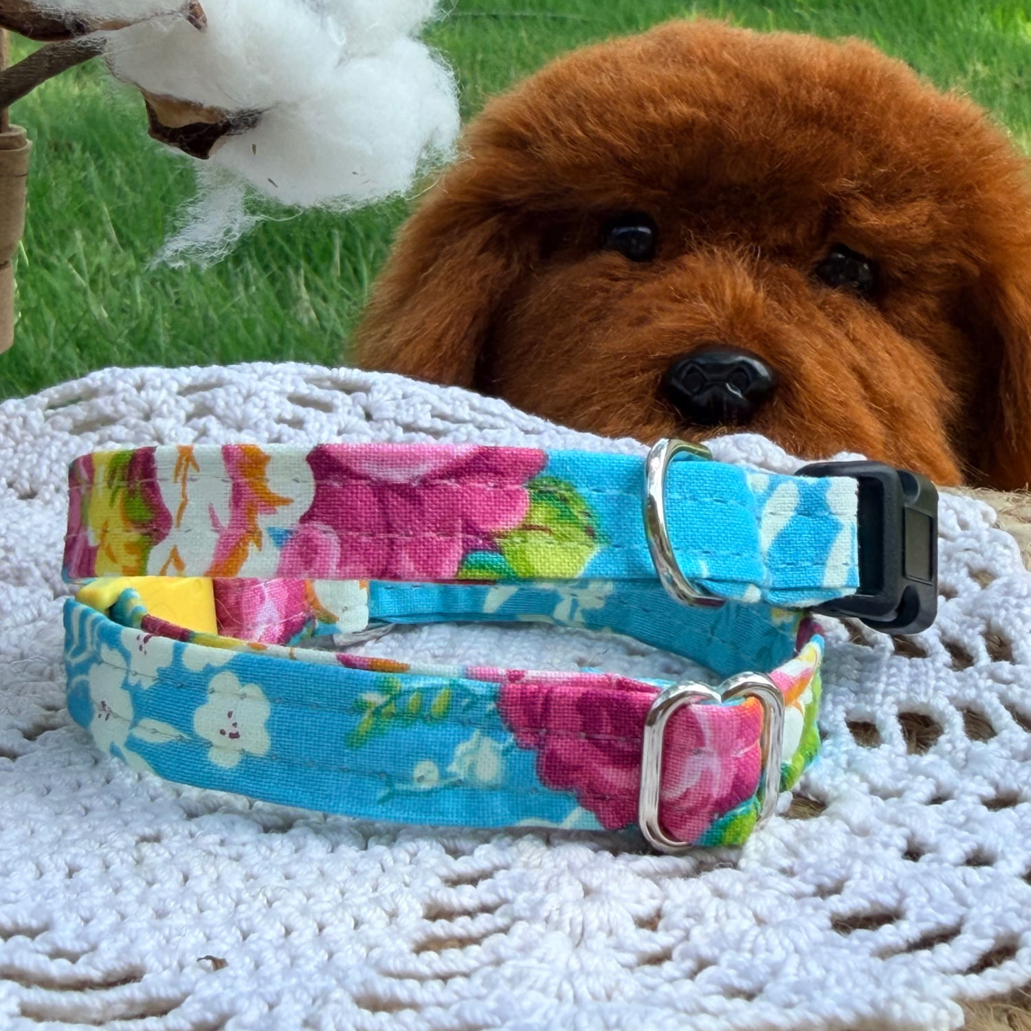 Teal floral Cotton small dog collar perfect for Yorkies and malteese