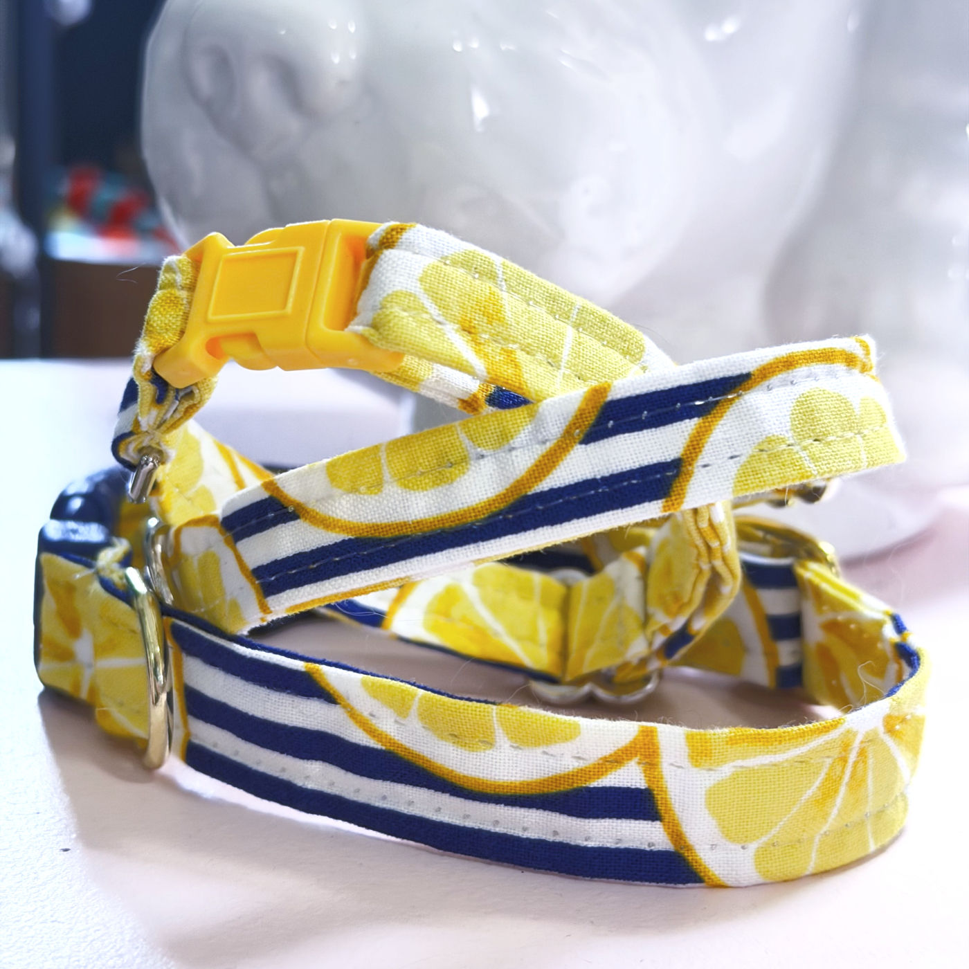 Small Dog Collars in a blue stripped and yellow pattern -handmade boutique collars for small breeds