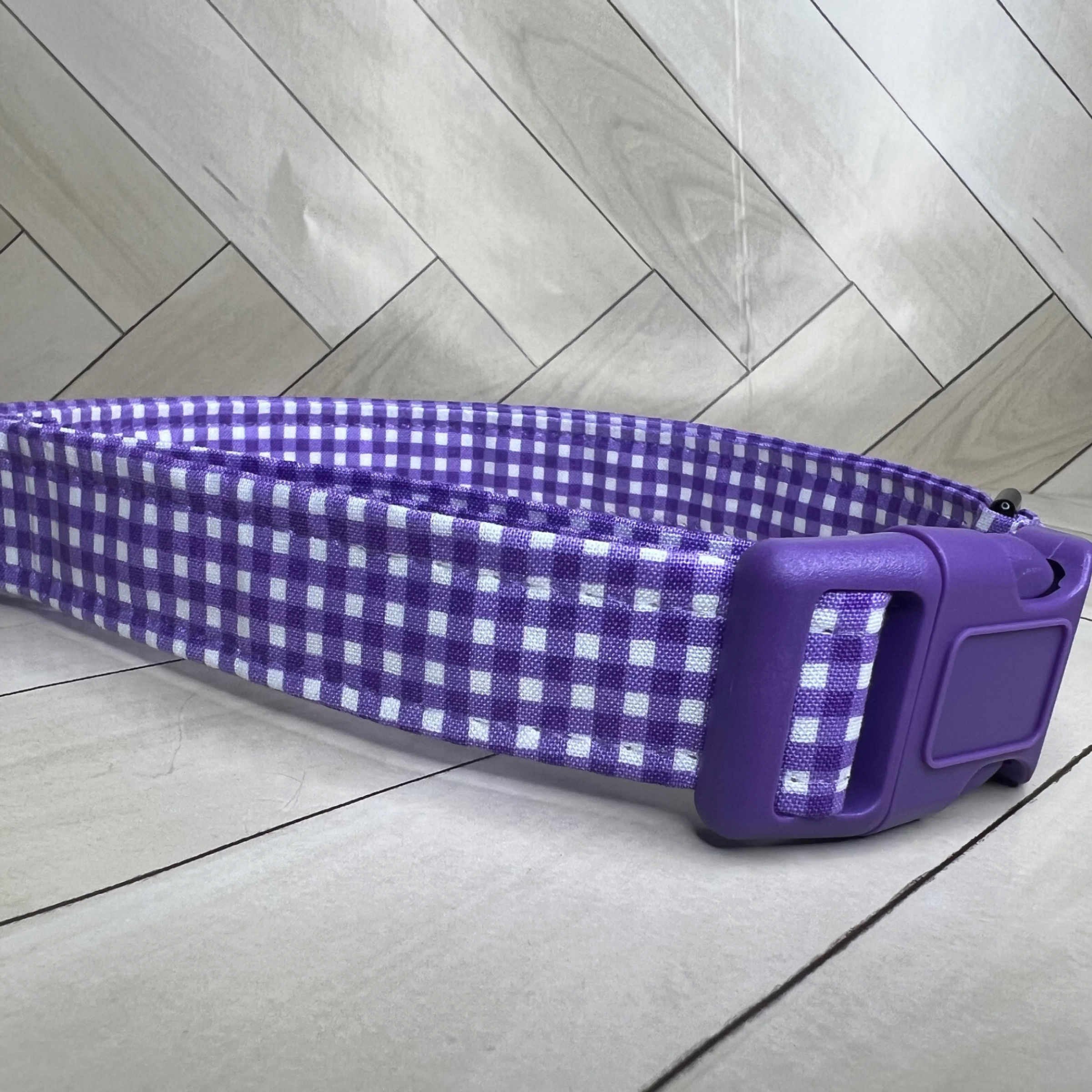 Purple gingham cute and comfortable dog collar - handmade by Little Barks Boutique