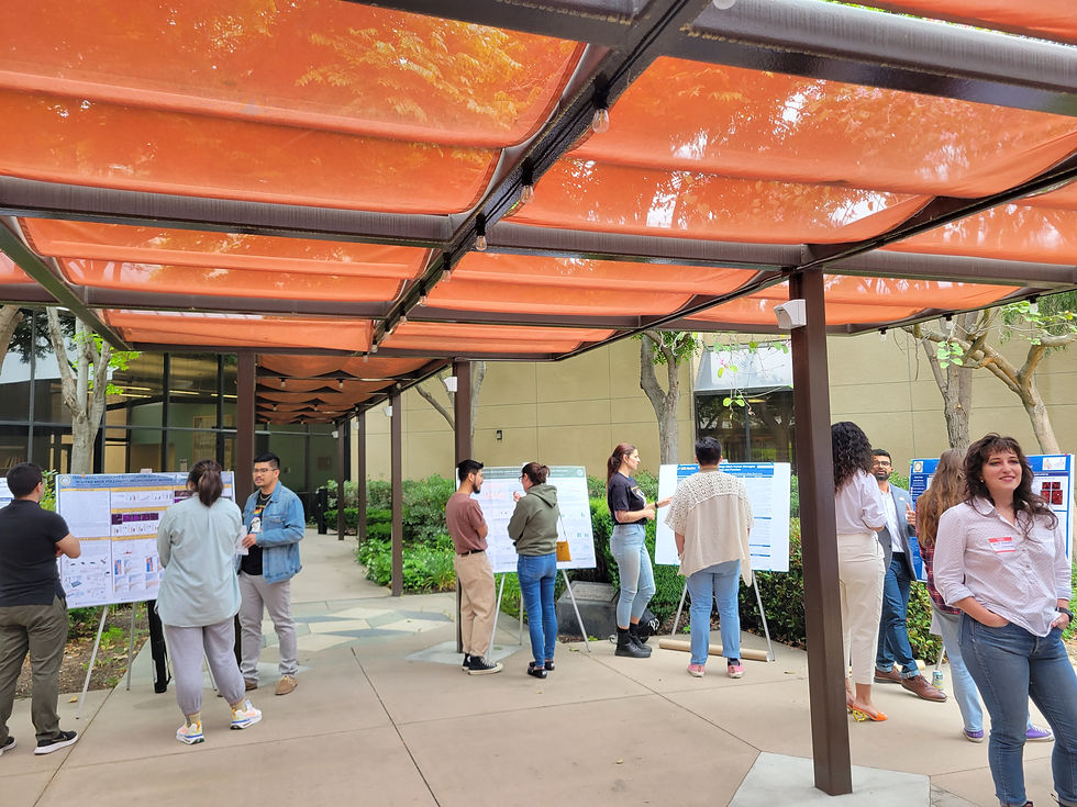 Scattered people standing by their research posters, each with a small audience.