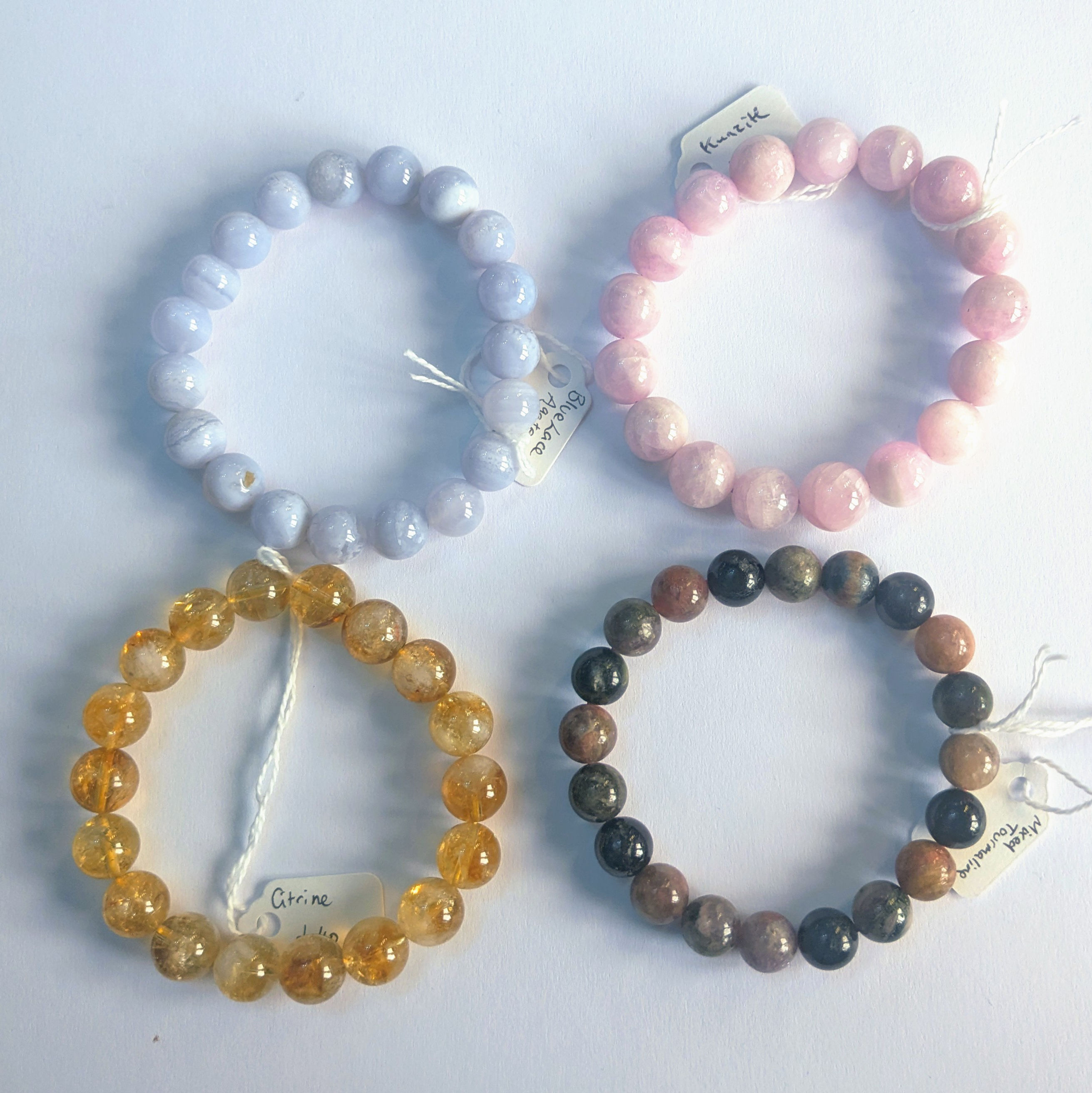 Round Bead Bracelets - Kunzite, Blue Lace Agate, Citrine or Mixed Tourmaline