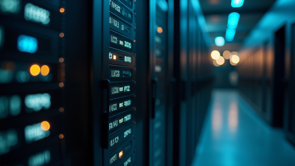 Close-up view of a server with blinking lights