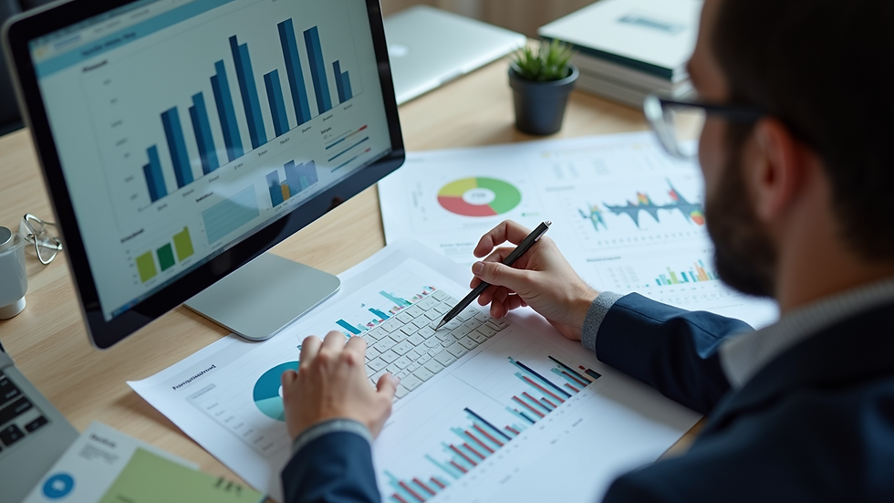 High angle view of a marketing manager reviewing SEO performance charts