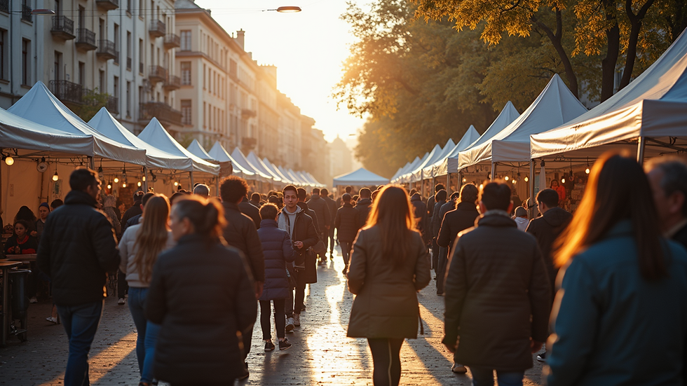 Wide angle view of a vibrant community event with people engaged