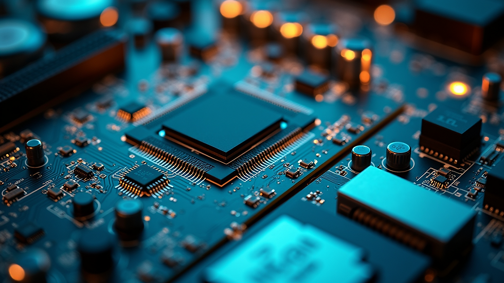 High angle view of a computer motherboard with intricate circuitry