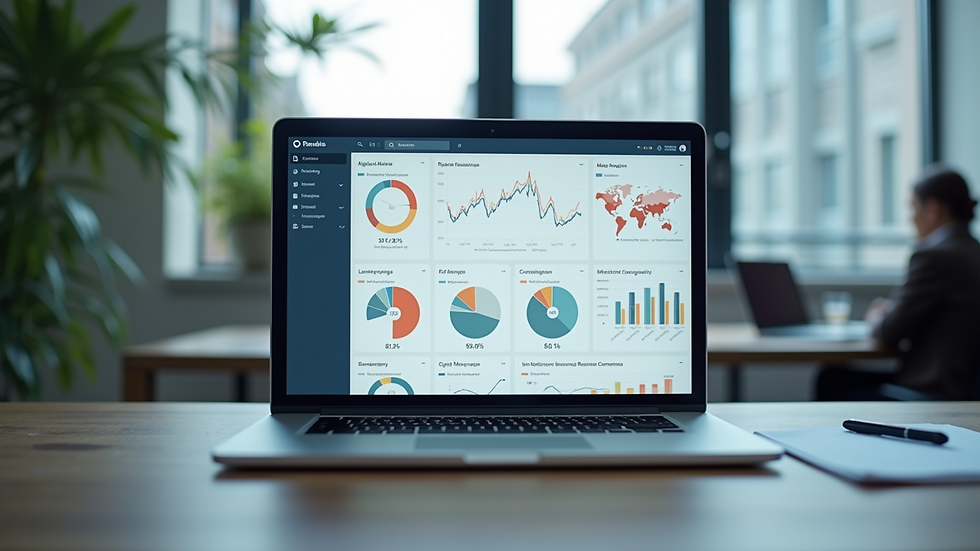 Eye-level view of a modern office environment with a focus on a laptop displaying analytics
