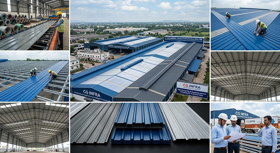 CG Infra industrial roofing sheet manufacturing facility, blue colour coated sheets installation, and engineering team on-site in Raipur