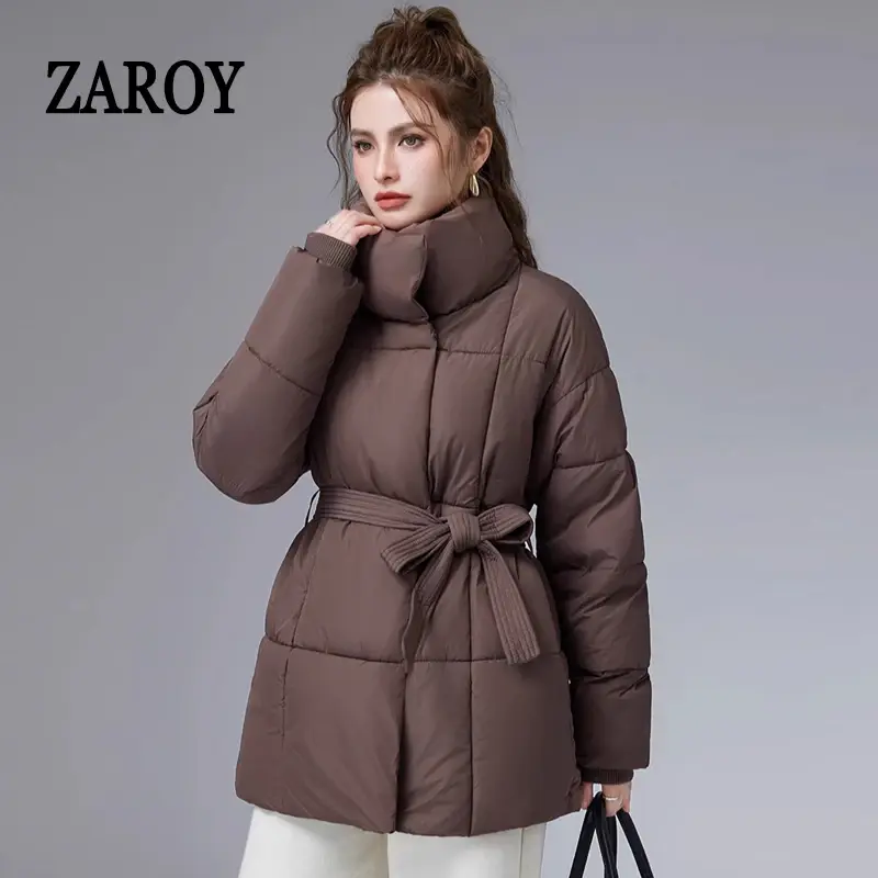 ZAROY Women Winter Belted Jacket Elegant Stand Collar Windproof Puffer Coat