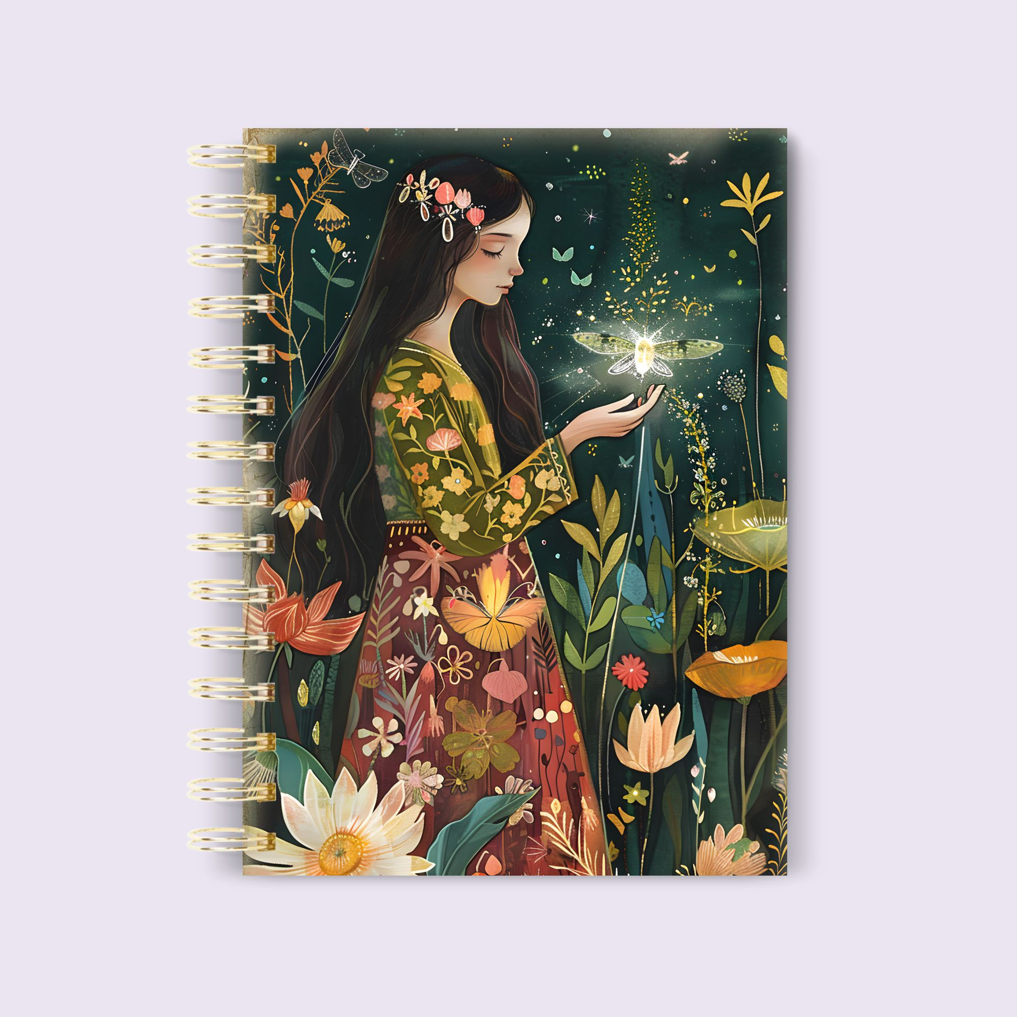 Caderno Decorado Premium A5 Luzes da Floresta da coleção Floresta Encantada com capa dura e ilustração exclusiva de uma jovem