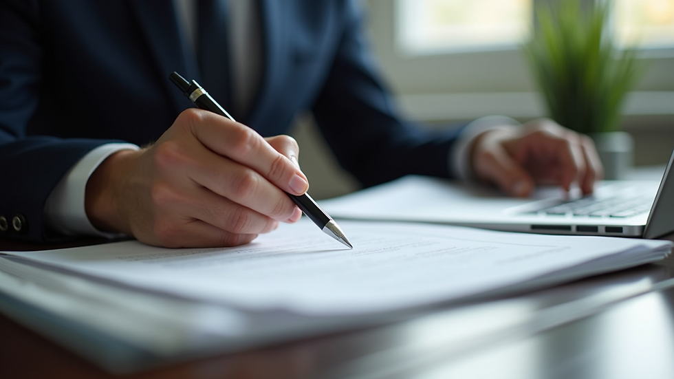 Close-up view of a person reading legal documents