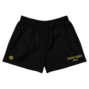 Black shorts with HS logo on left panel and "Podium  Chaser" text and "hystyle: text below it