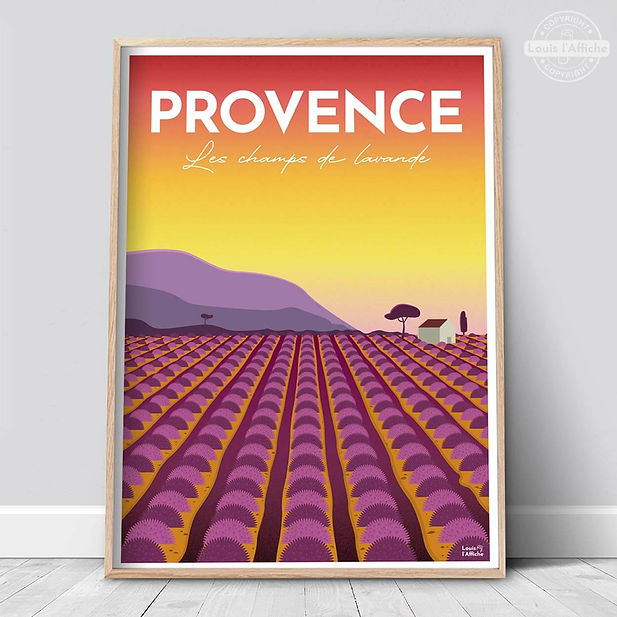 travel poster de la Provence avec lavande et lumière du sud en fin de journée, idéal déco vintage